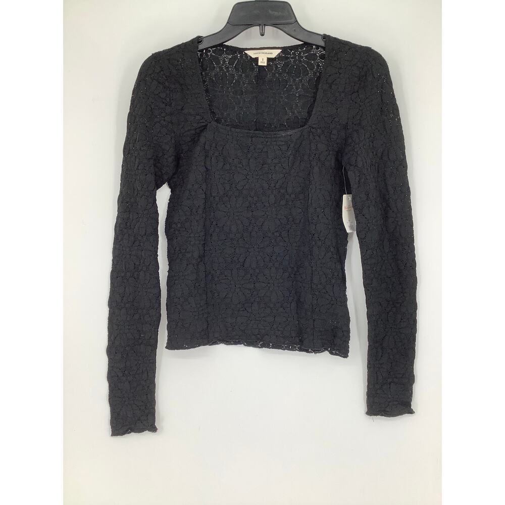 Lucky Brand Women's Small Jet Black Long Sleeve Textured Square Neck Top E12-4 - Picture 2 of 11